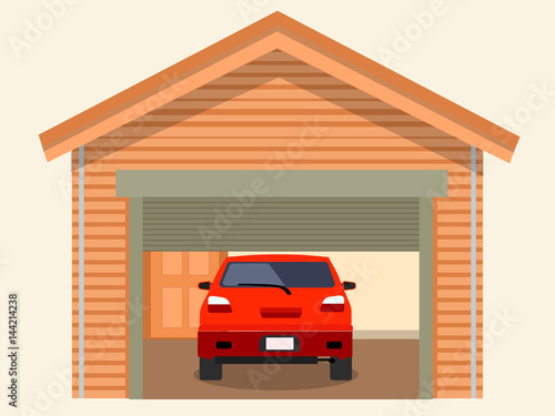 Garage with red car. illustration flat