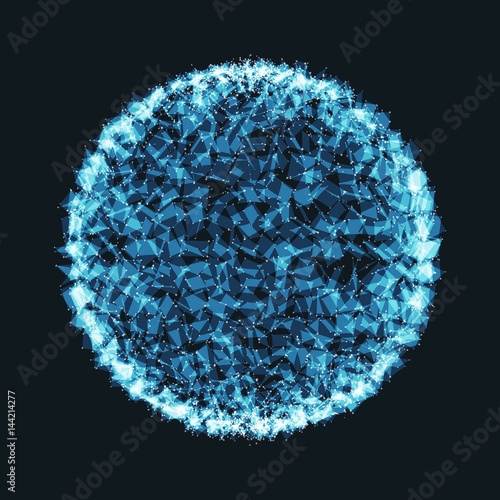 Abstract vector polygonal cyber sphere. Triangle spherical mesh background. Futuristic 3D illuminated distorted sphere of glowing particles and polygons. Digital splash. UI or HUD element.