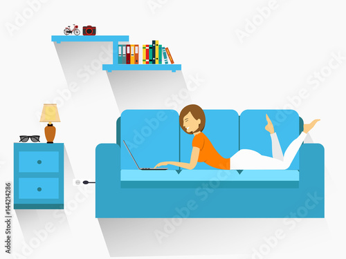 Girl lying down on sofa with laptop with display. illustration flat