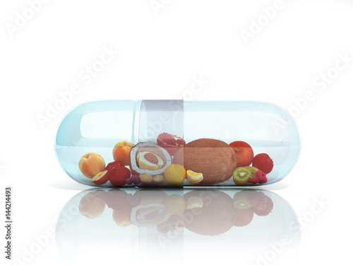 Different fruit in capsule healthy diet concept 3d render on glas glor photo