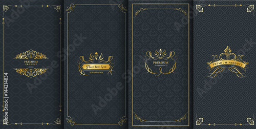 Collection of design elements, labels,icon and frames for packaging and design of luxury products.Made with golden foil Isolated on black background. vector illustration