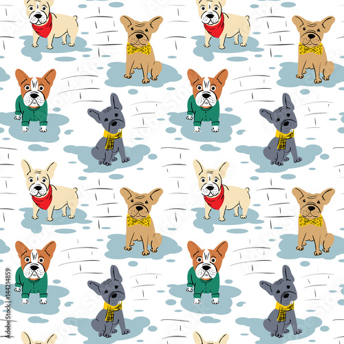 Fototapeta Naklejka Na Ścianę i Meble -  Cartoon vector character french bulldog seamless pattern.