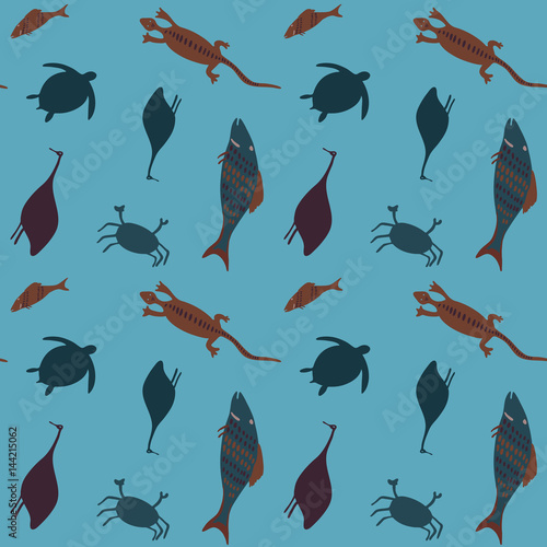Decorative African Australian animals pattern fish, turtle, lizard, ostrich, crab on blue ornamental abstract seamless background