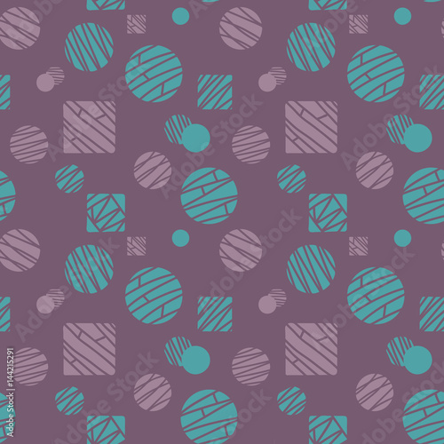 Geometric violet abstract hand drawn sketch seamless pattern of striped circles and squares