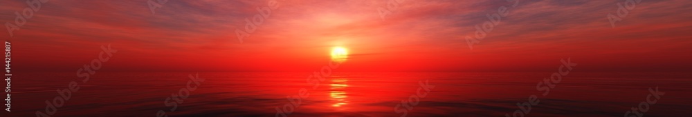 Beautiful panorama of the sea sunset, ocean sunrise, radiance above the water, 3d rendering