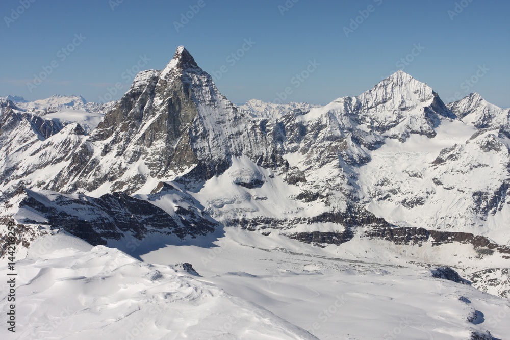 View of Matterhorn and Dent Blanche from Breithorn West, Italy, Switzerland, Zermatt, Cervinia, Valle d'Aosta, Vallis View of Matterhorn and Dent Blanche from Breithorn West, Italy, Switzerland, Zermatt, Cervinia, Valle d'Aosta, Vallis