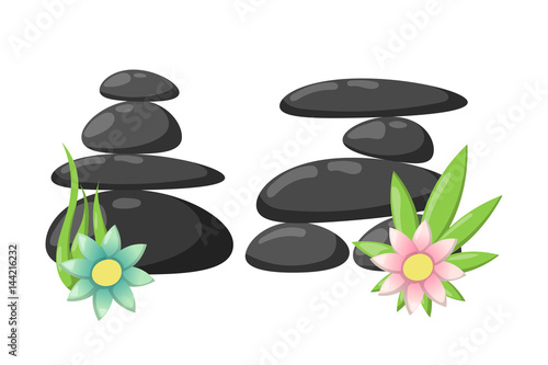Pyramid from sea pebble relax heap stones isolated and healthy wellness black massage meditation natural tool spa balance therapy zen vector illustration.