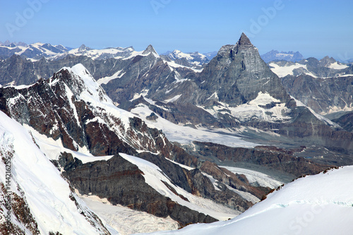 View of Matterhorn frp, Signalkuppe, Punta Gnifetti, Monte Rosa, Piemonte, Italy photo