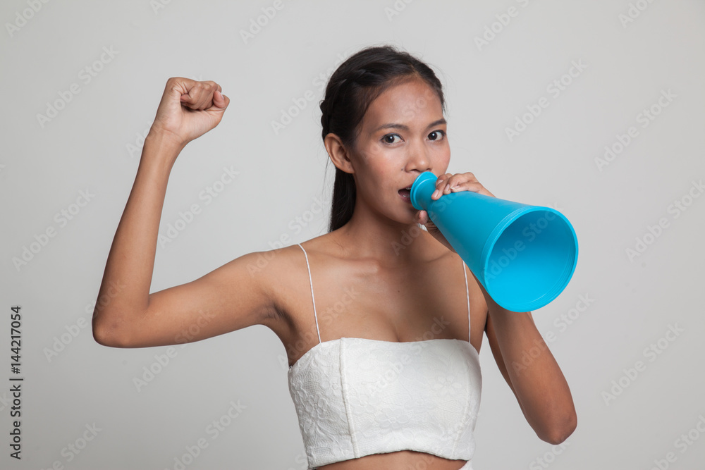 Beautiful young Asian woman announce with megaphone. Beautiful young Asian woman announce with megaphone.