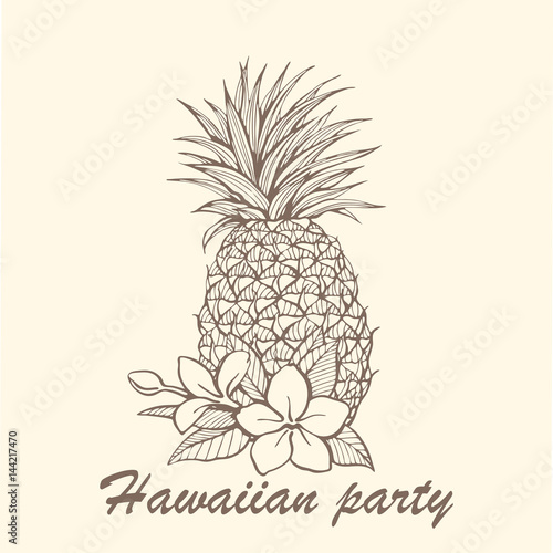 Hand-drawn pineapple illustration with tropical flowers

