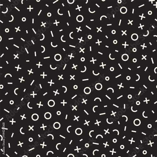 Retro geometric line shapes seamless patterns. Abstract jumble textures. Black and white scattered shapes