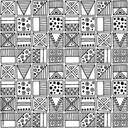 Seamless vector pattern. Black and white geometrical background with hand drawn decorative tribal elements. Print with ethnic, folk, traditional motifs. Graphic vector illustration.