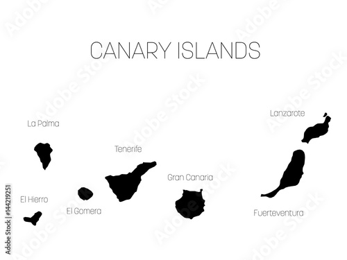 Map of Canary Islands, Spain, with labels of each island - El Hierro, La Palma, La Gomera, Tenerife, Gran Canaria, Fuerteventura and Lanzarote. Black vector silhouette on white background.