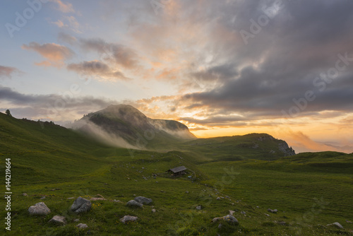 Europe, Italy, Trentino Alto Adige, Trento district, Nana Valley, natural Park Adamello Brenta..Nana valley at sunrise