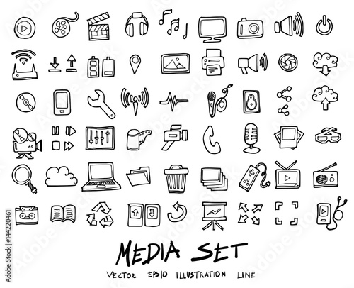 Doodle vector media icons set illustration drawing eps10