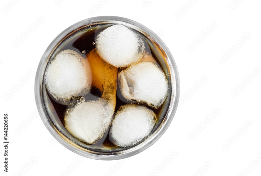 Top View Of Iced Glass Full Of Ice Cubes With Carbonated Refreshing Drink In It On White Background Closeup Top View Of Iced Glass Full Of Ice Cubes With Carbonated Refreshing Drink In It On White Background Closeup