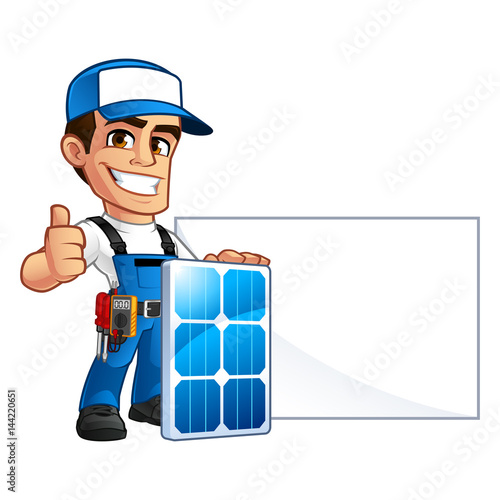 Friendly technician installer of solar panels, he wears a belt with tools