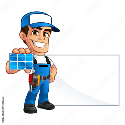Friendly technician installer of solar panels, he wears a belt with tools