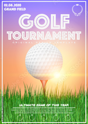 Poster Template with Golf Tournament. Golf ball on grass at sunset. Cup and Trophy Advertising. Sport Event Announcement. Vector Illustration.