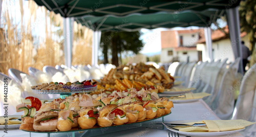 Fototapeta premium catering banquet table, Buffet with snacks at the outdoor event