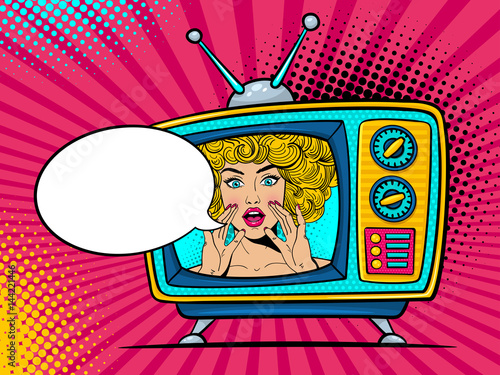 Retro tv set with sexy surprised blonde woman with wide open eyes and mouth and rising hands screaming. Vector background in comic retro pop art style. Party invitation.