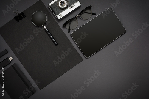 Still life, business, office supplies or education concept. Read