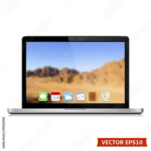 High detailed vector laptop with abstract blurred background on screen. Vector EPS10