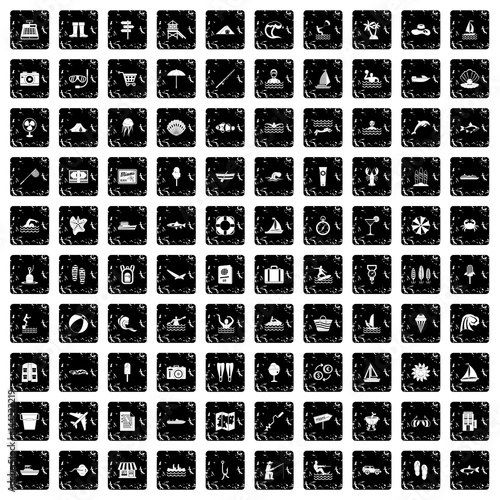 100 water recreation icons set, grunge style