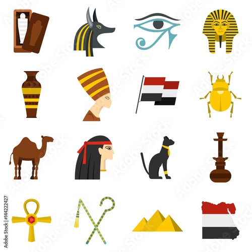 Egypt travel items icons set in flat style