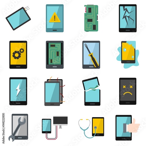 Device repair symbols icons set in flat style