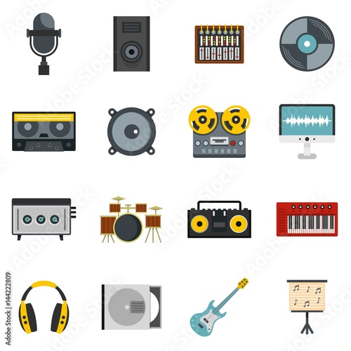 Recording studio items icons set in flat style