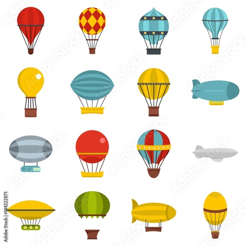 Retro balloons aircraft icons set in flat style
