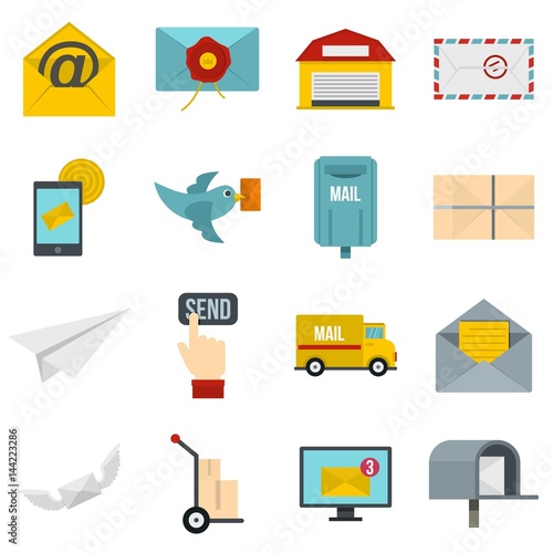 Poste service icons set in flat style