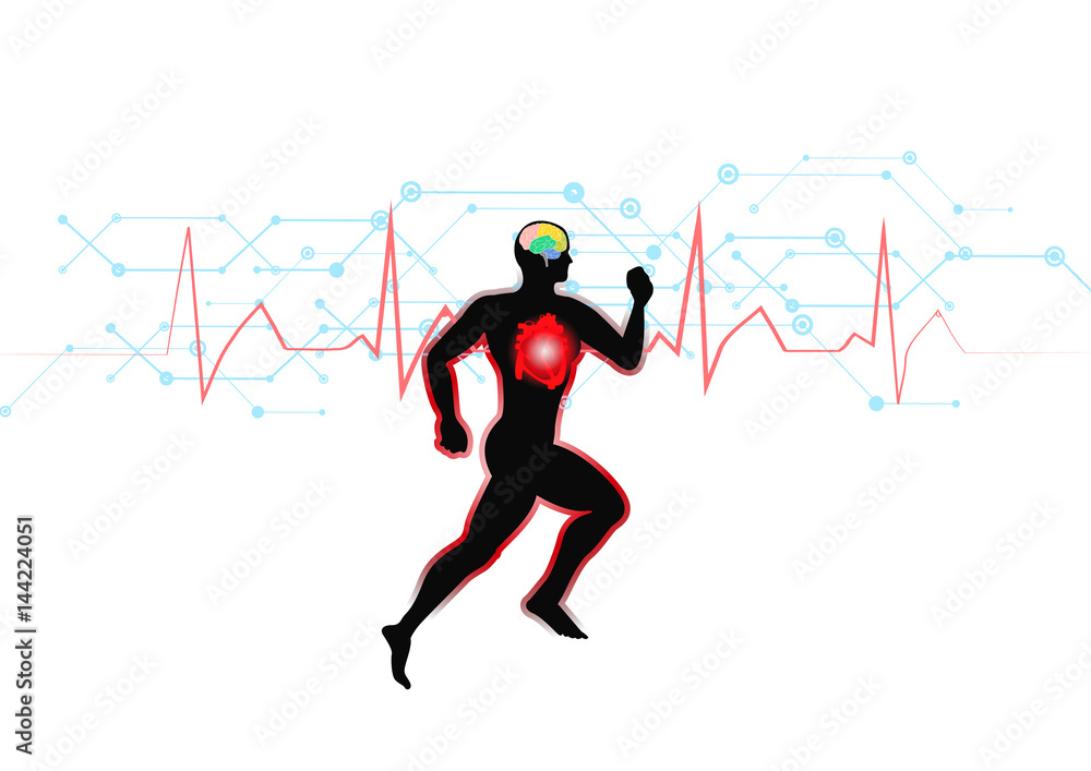 illustration of black man running on Moving heart and technological background illustration of black man running on Moving heart and technological background