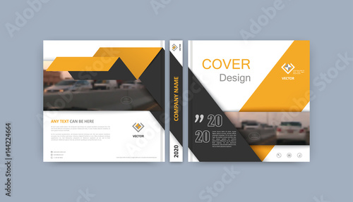 Brochure template. Book cover design. Title sheet. Abstract composition with images. Gray, yellow, white geometric shapes. A4 interesting vector illustration. Minimalistic. Creative. Modern.