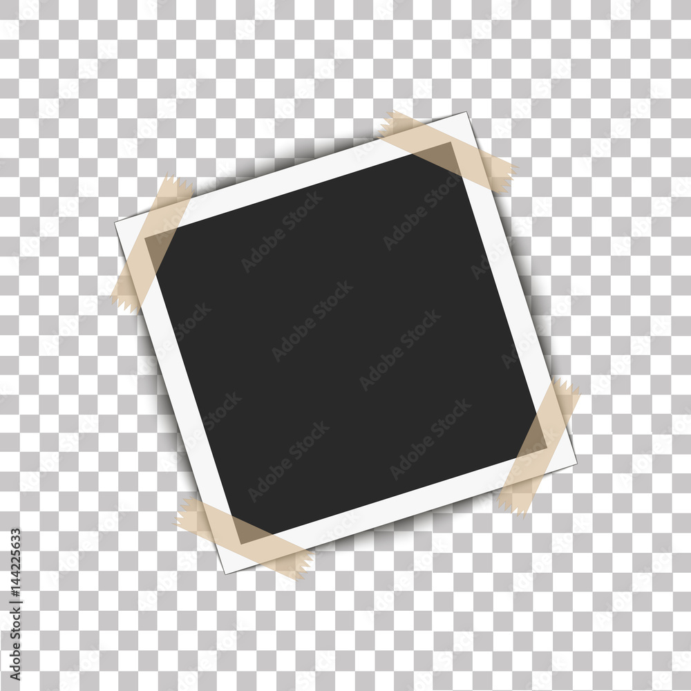 Fototapeta premium Realistic photo frame with shadow pin on sticky tape. Vector illustration on transparent background ready for your design