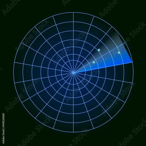 Digital radar with the aims on monitor. Isolated on black background. Vector illustration