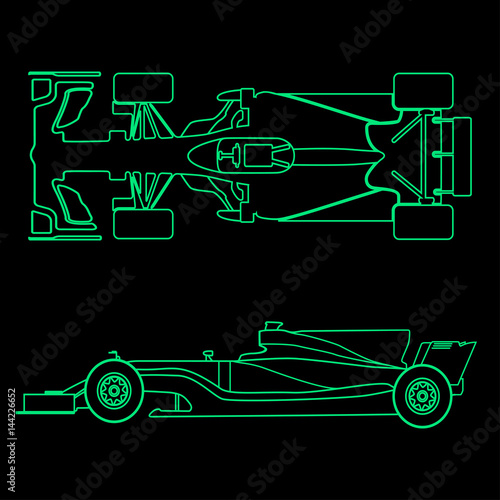 Formula car, linear light silhouette of a racing car isolated on black background. Top view and side view. Vector illustration.