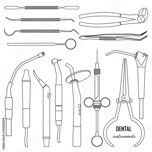 A large collection of dental instruments in a line art