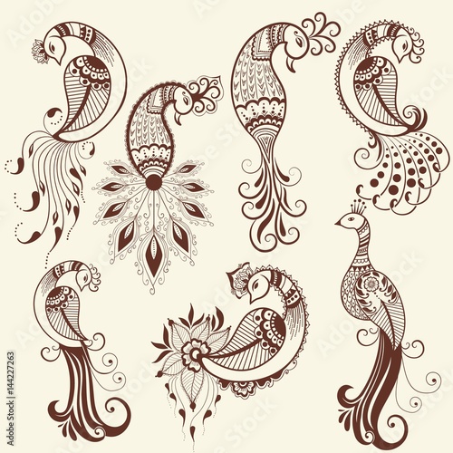 Vector illustration of bird mehndi ornament. Traditional indian style, ornamental floral elements for henna tattoo, stickers, mehndi and yoga design, cards and prints.