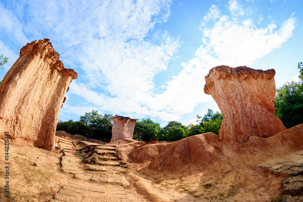 The rock formations in Phae Mueng Phi National park, Phrase Province, Thailand, shot by fisheye lens