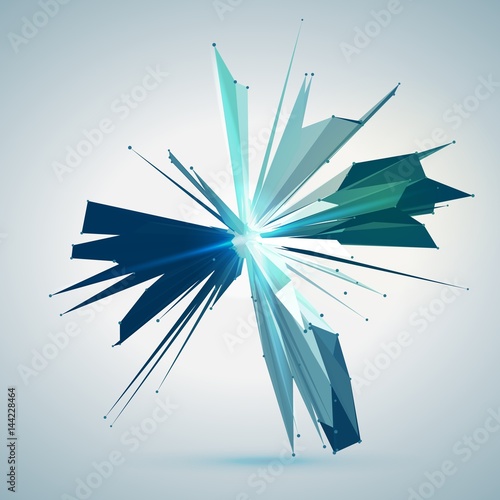 Abstract vector mesh star. Chaotically connected points and polygons flying in space. Flying debris. Futuristic technology style card. Lines, points, circles and planes. Futuristic design.