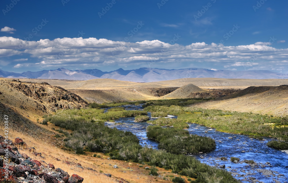 Valley of the mountain river among meadows with dry yellow grass on the highland steppe near Mongolia, Chuya steppe, Altai, Siberia, Russia Valley of the mountain river among meadows with dry yellow grass on the highland steppe near Mongolia, Chuya steppe, Altai, Siberia, Russia