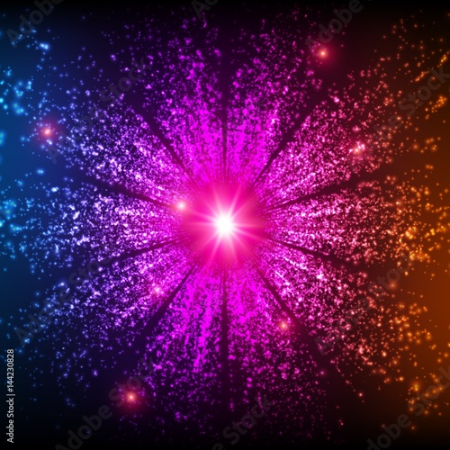 Abstract vector space background. Explosion of glowing particles. Christmas star. Futuristic technology style. Elegant background for business presentations or gift cards.EPS10