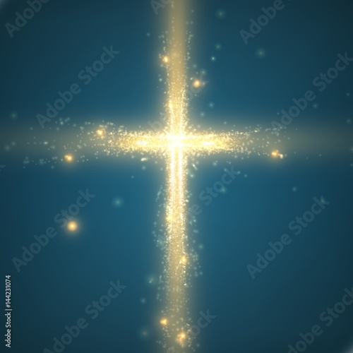 Shining cross on blue background with backlight and glowing yellow particles. Abstract vector religious background. Glowing saint cross. Spiritual shining background. EPS 10