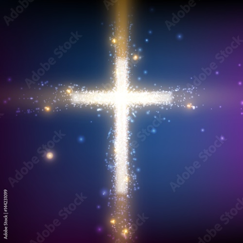 Shining cross on colorful background with backlight and glowing particles. Abstract vector religious background. Glowing saint cross. Spiritual shining background. EPS 10
