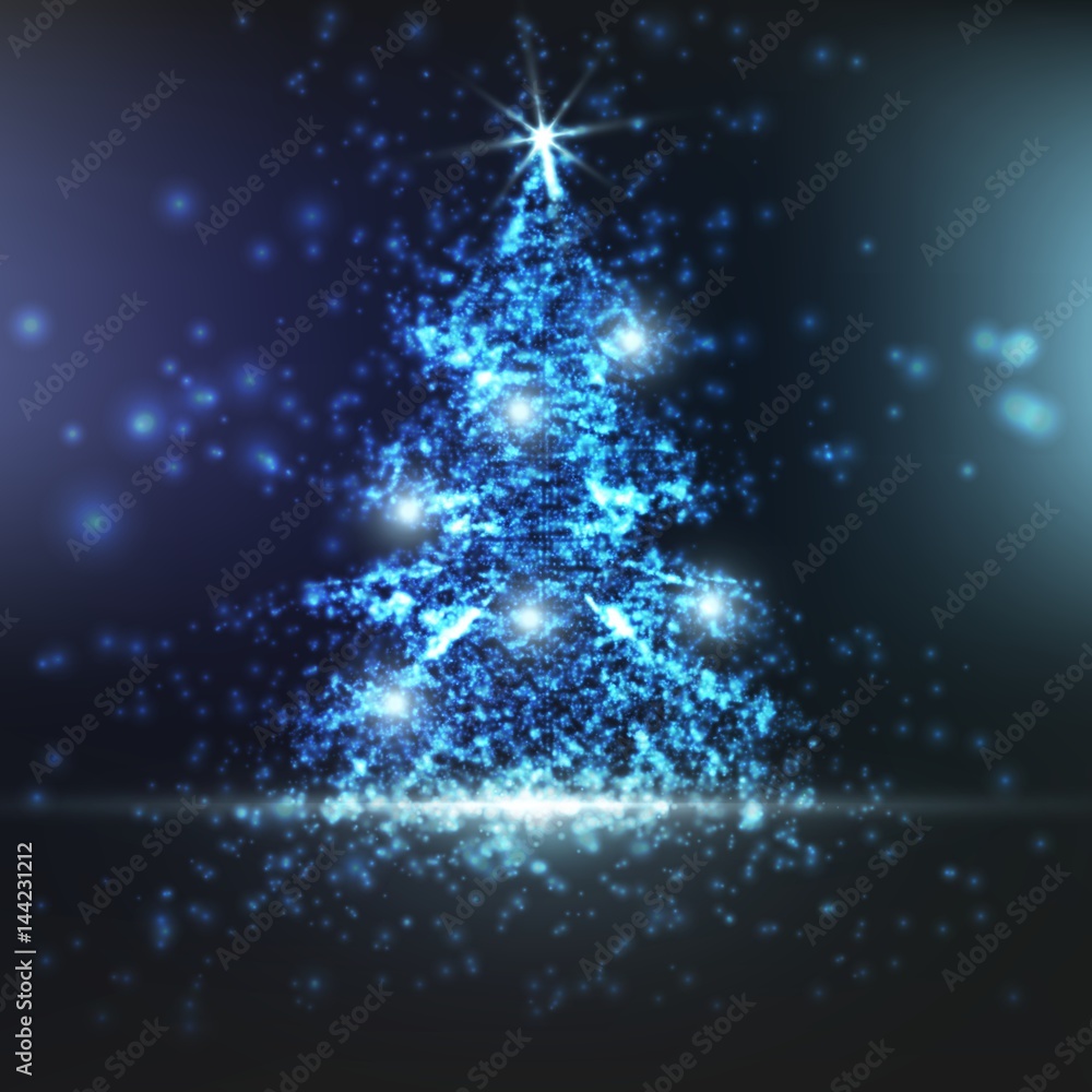 Shining christmas tree on blue background with backlight and glowing particles. Abstract vector background. Glowing fir-tree. Elegant shining background for you design. EPS 10 Shining christmas tree on blue background with backlight and glowing particles. Abstract vector background. Glowing fir-tree. Elegant shining background for you design. EPS 10