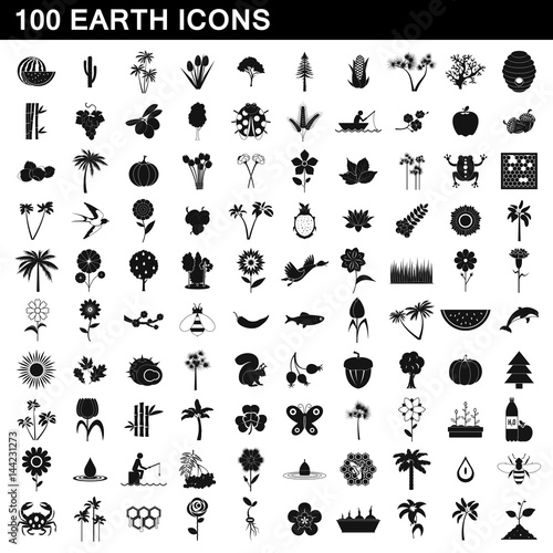 100 earth icons set, simple style