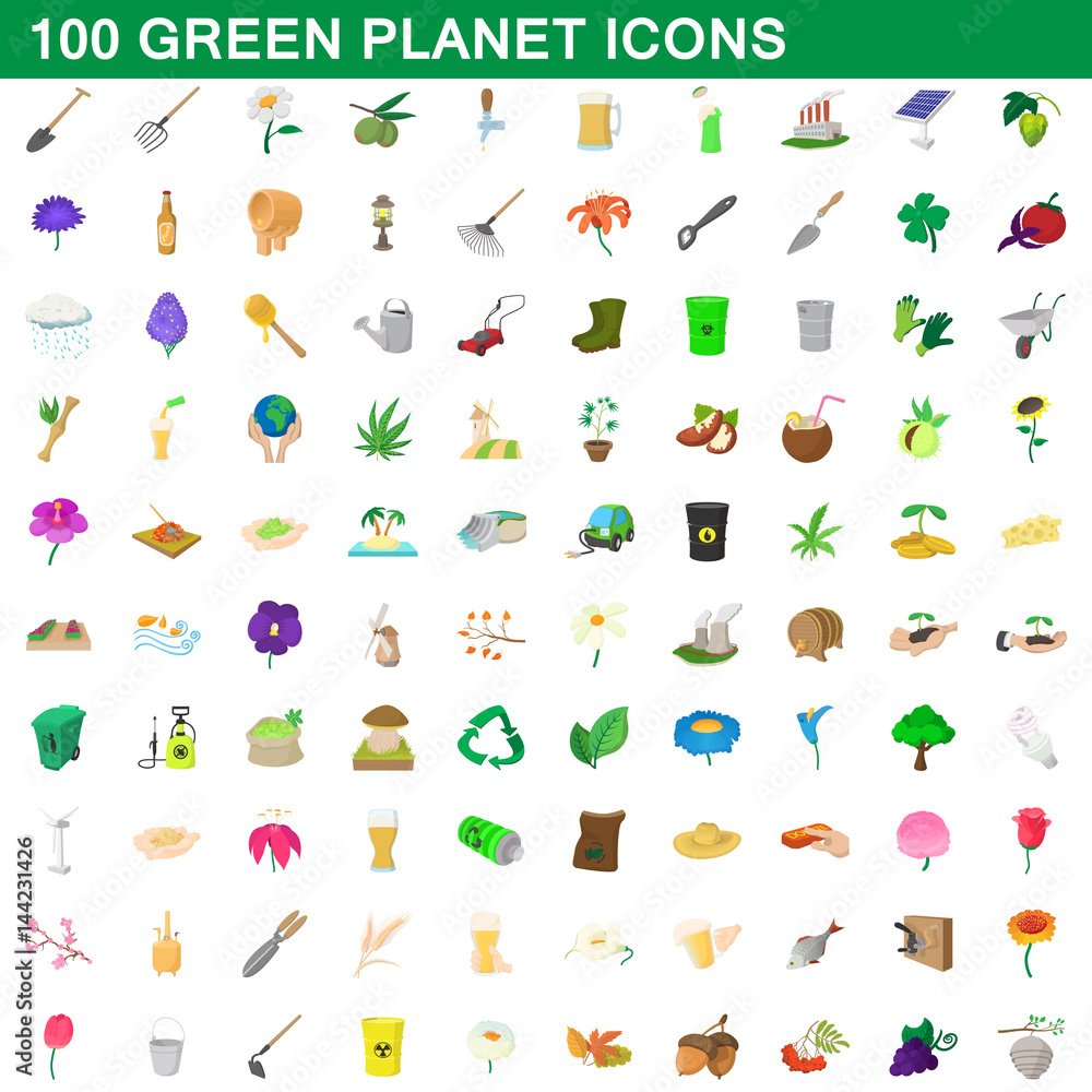 100 green planet icons set, cartoon style
