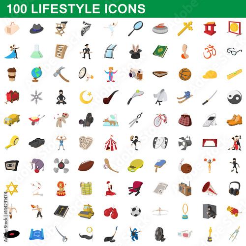 100 lifestyle icons set, cartoon style